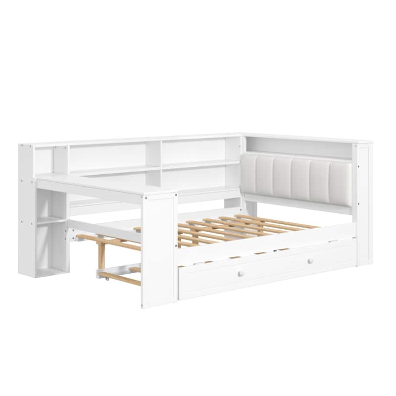 Wood Daybed with Desk, LED Upholstered Headboard, Storage Shelves Built-in Charging Station, Optional Drawers or Trundle