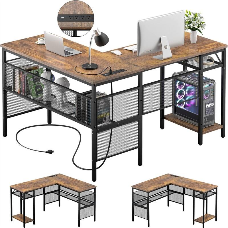 L Shaped Desk with USB Charging Port and Power Outlet - Rusic Brown