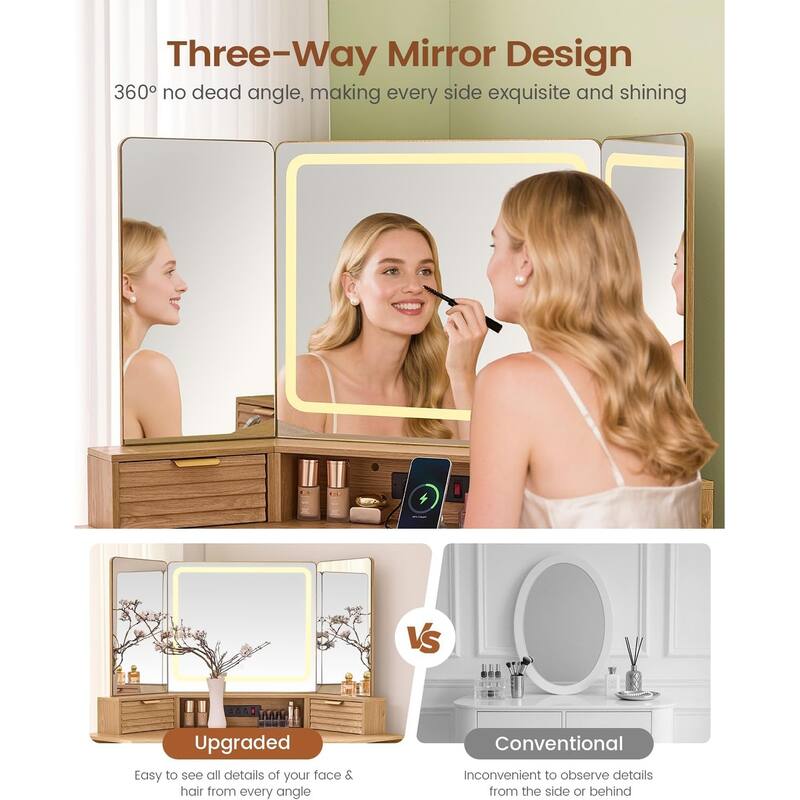 Corner Vanity Desk with Lighted Mirror Drawers Shelves Storage Stool