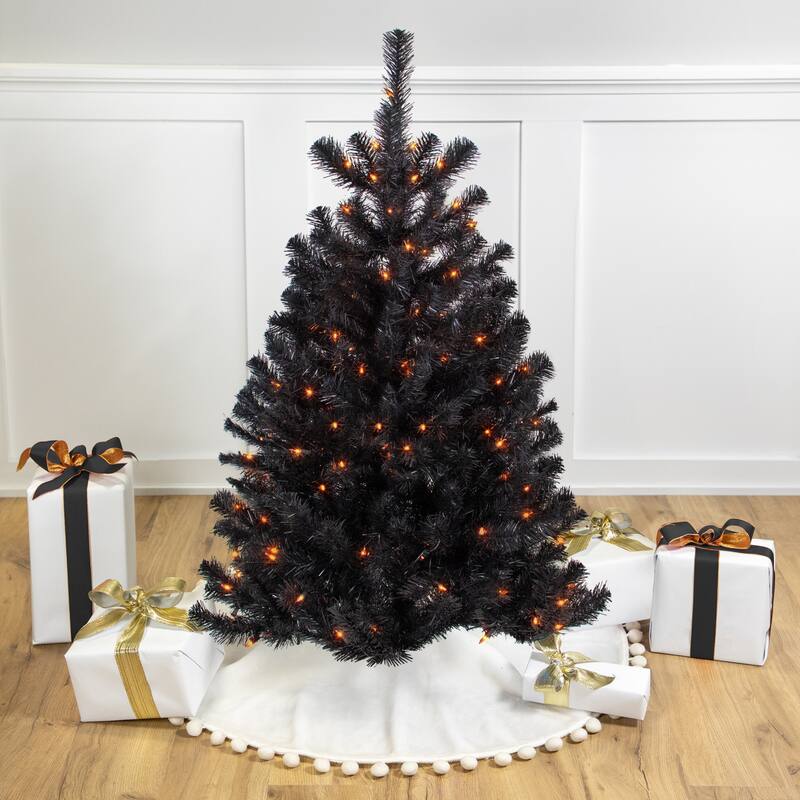4ft Black Noble Spruce Artificial Halloween Tree, Orange Lights