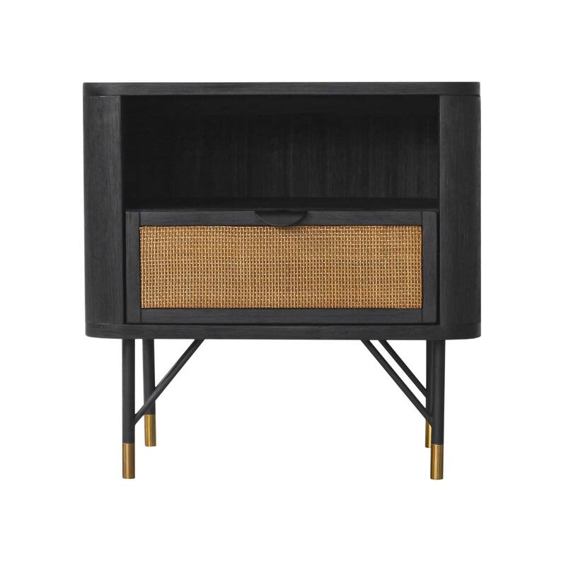 Modern Nightstand Black Acacia Rattan Bedside Table with Drawer & Shelf