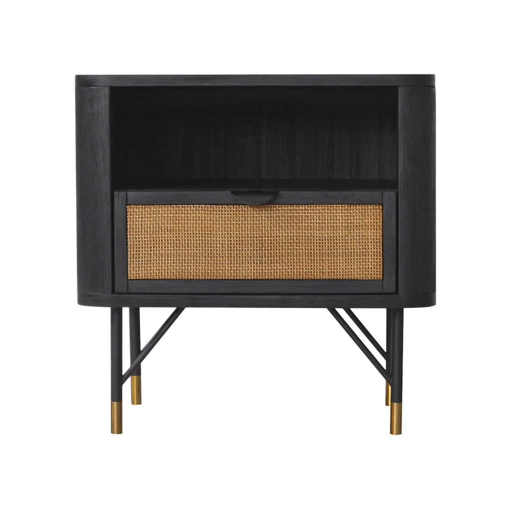 Modern Nightstand Black Acacia Rattan Bedside Table with Drawer & Shelf