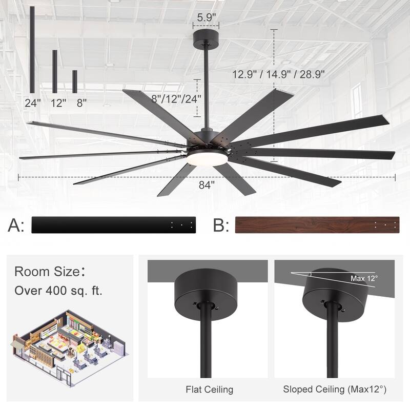 84-Inch Reversible 10-Blade Ceiling Fan with Light Kit and Remote