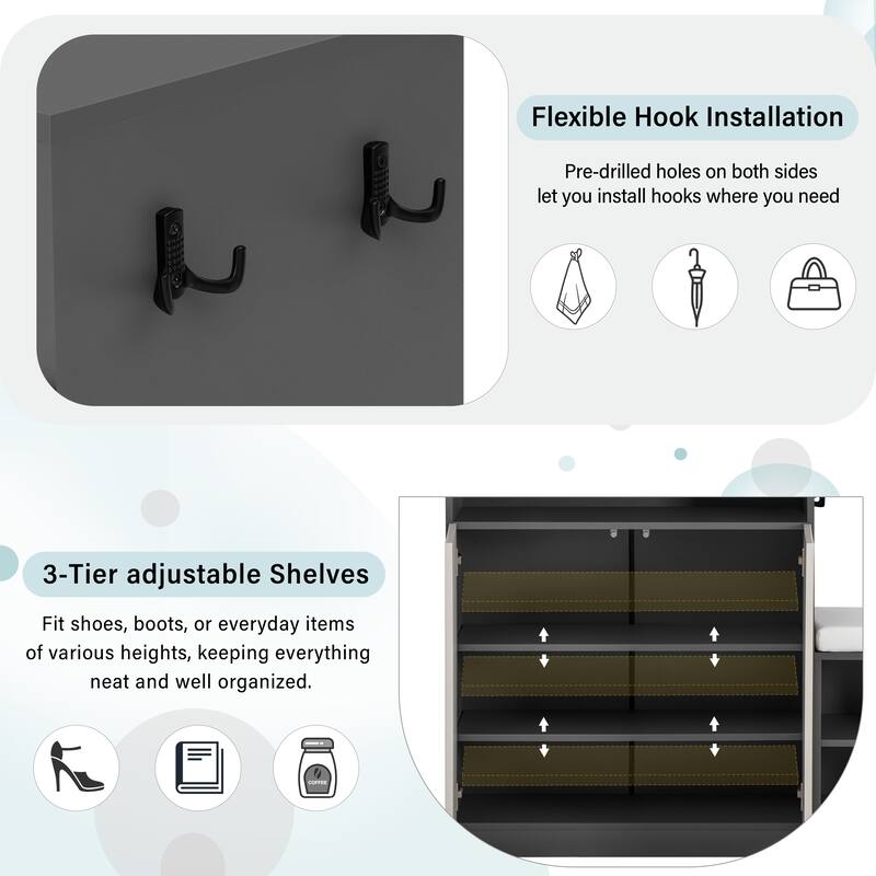 Shoe Cabinet with Bench, Doors & Adjustable Shelves, Entryway Bench with Open Shoe Racks, Storage Console Table with Hooks
