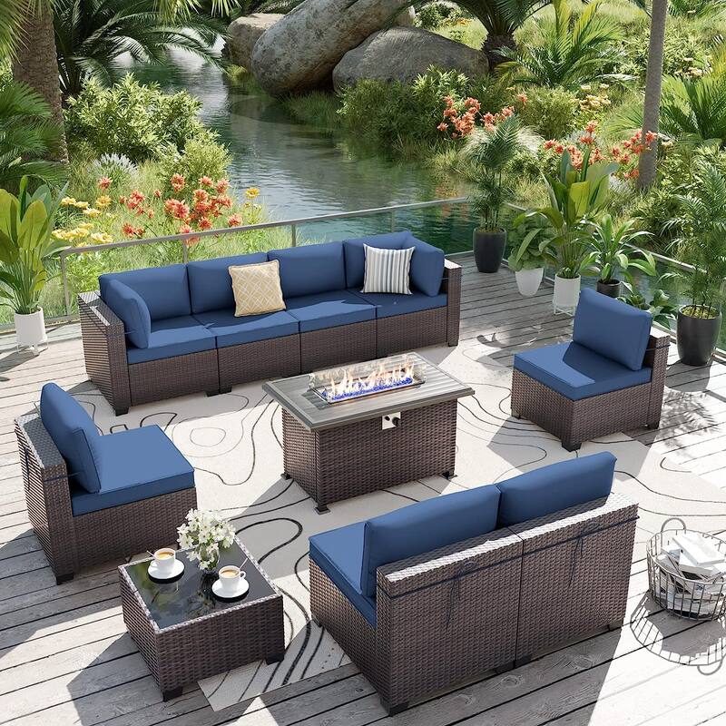 Delnavik 9-Pieces Wicker Patio Furniture Set with Firepit,Outdoor Seatings with Cushions - 9 pieces - Navy Blue