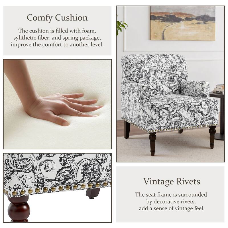 Striped Upholstered Linen Armchair with Brass Nailhead Trim