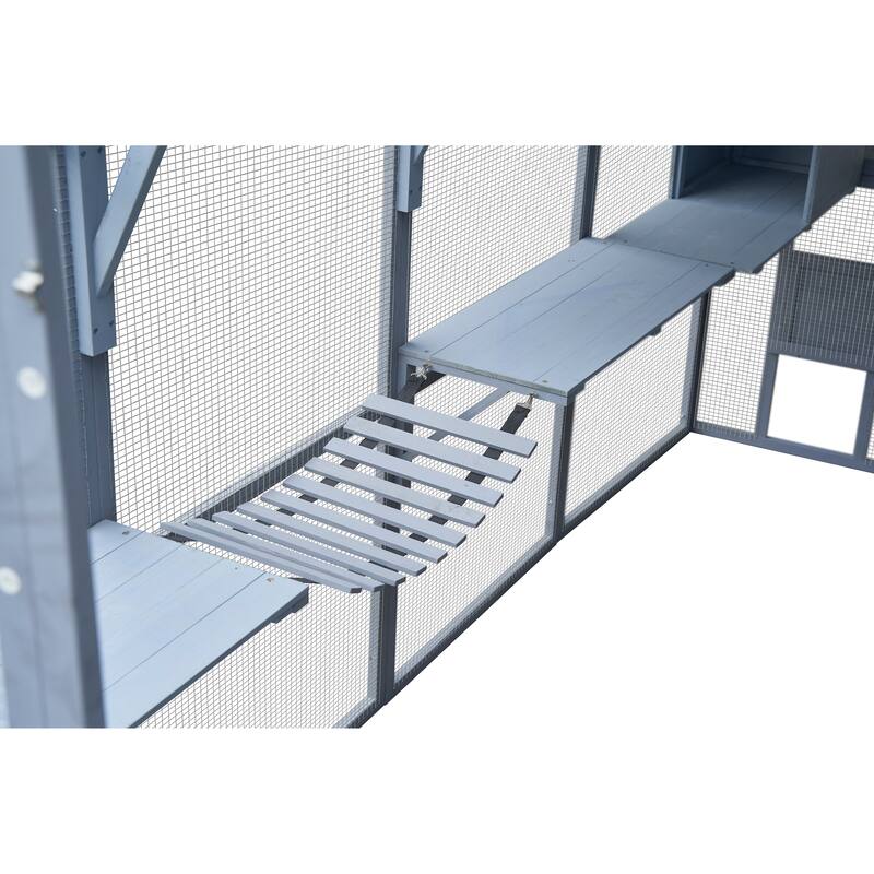 Outdoor Cat House Cat Enclosures 110" Large Kitten Playpen with Platforms,Upgrade Waterproof Cover-Grew&White