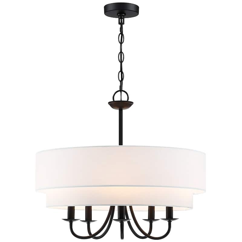 Martina 5-Light Black Chandelier Light with White Double Drum Shade - 21.5"W