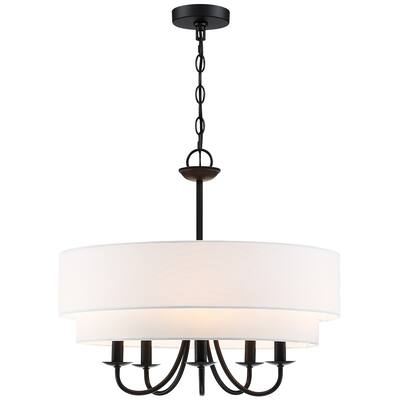 Martina 5-Light Black Chandelier Light with White Double Drum Shade - 21.5"W