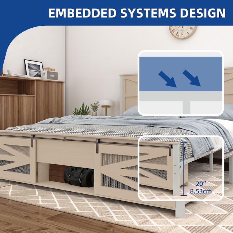 Moasis Farmhouse Brown Queen/King Bed Frame with Sliding Barn Door Storage Cabinets
