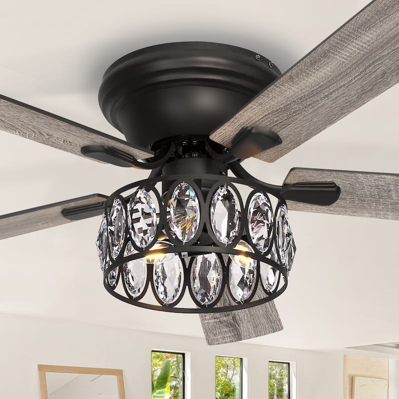 52" Flush Mount 5-Blade Modern Crystal Indoor Ceiling Fan with Light Kit and Remote - Black