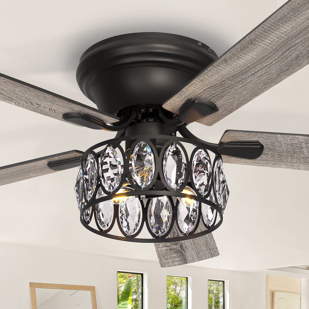 52" Flush Mount 5-Blade Modern Crystal Indoor Ceiling Fan with Light Kit and Remote