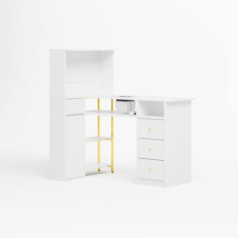 White Nail Desk with Dust Collector, Glass Shelf & Gold Handles – Manicure Station for Salon and Home