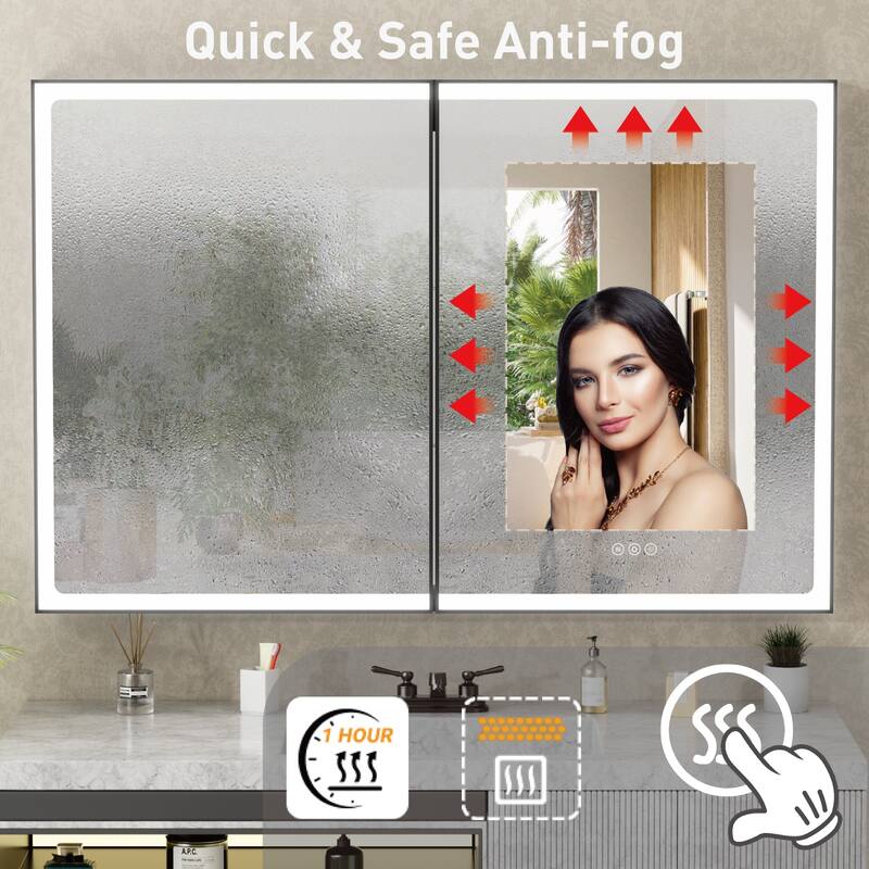 Grand Aluminum Medicine Cabinet with Mirror, Adjustable Shelves, Dimmable Light, Anti-Fog, Recessed or Wall Mount