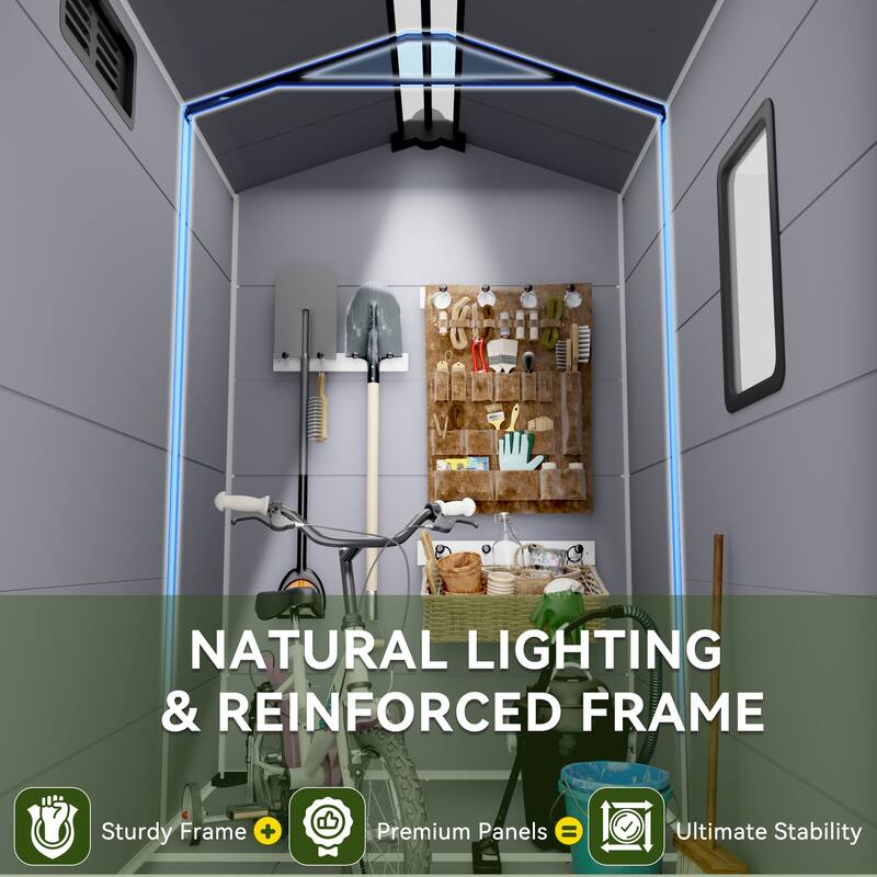 EROMMY Outdoor Storage Shed with Built-In Floor, Lockable Double Doors & Sloped Roof, Gray/Black