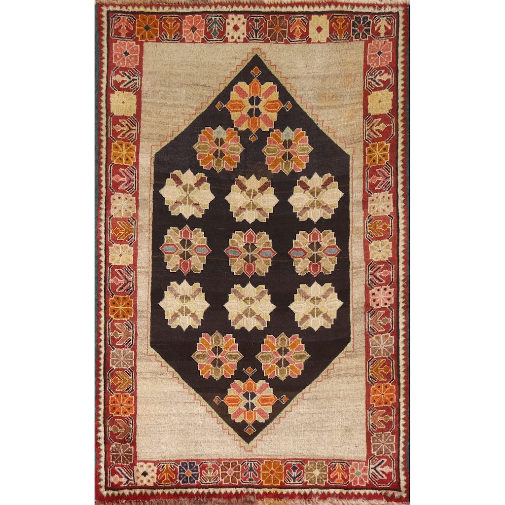 Geometric Black Shiraz Persian Vintage Area Rug Handmade Wool Carpet - 3'2"x 5'2"