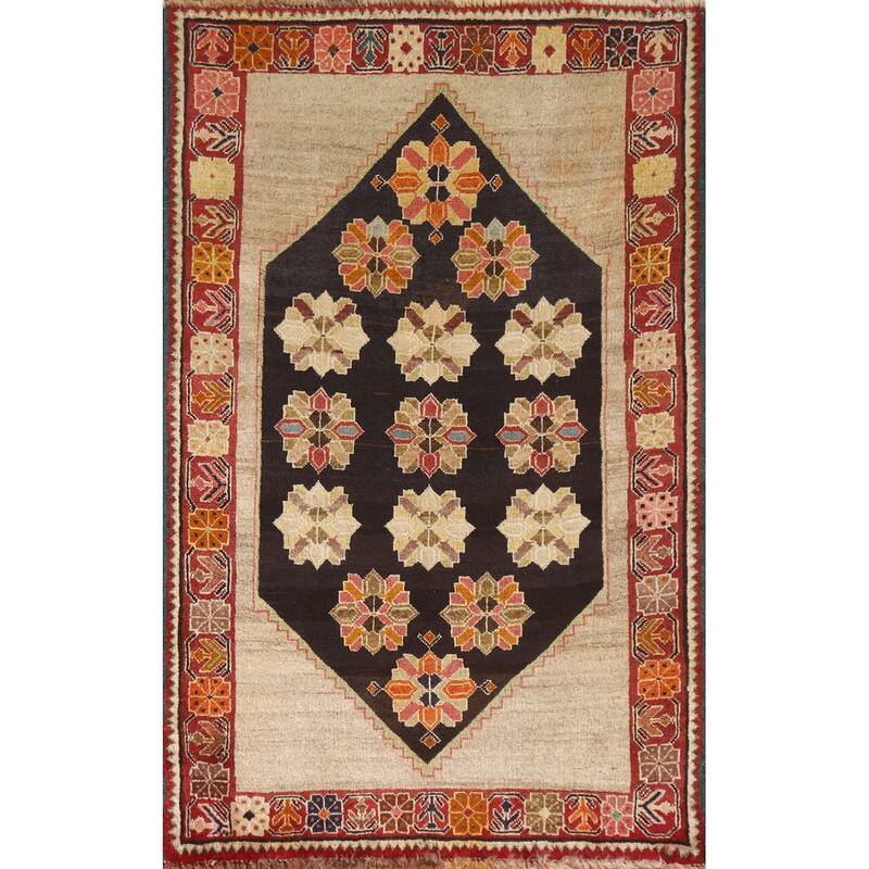 Geometric Black Shiraz Persian Vintage Area Rug Handmade Wool Carpet - 3'2"x 5'2"