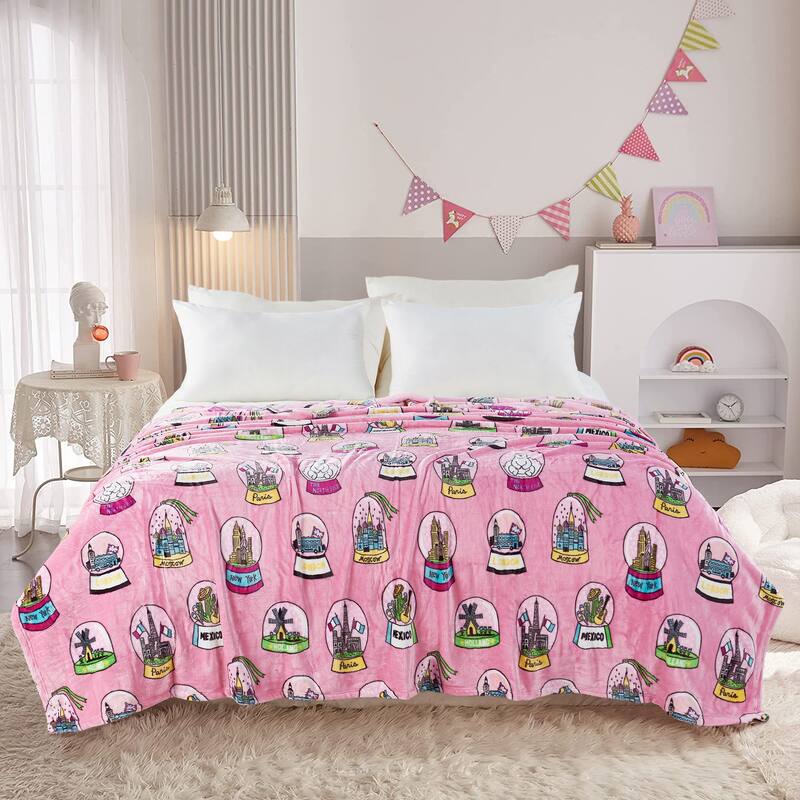 Printed Cities Flannel Fleece Blanket - Twin - Pink