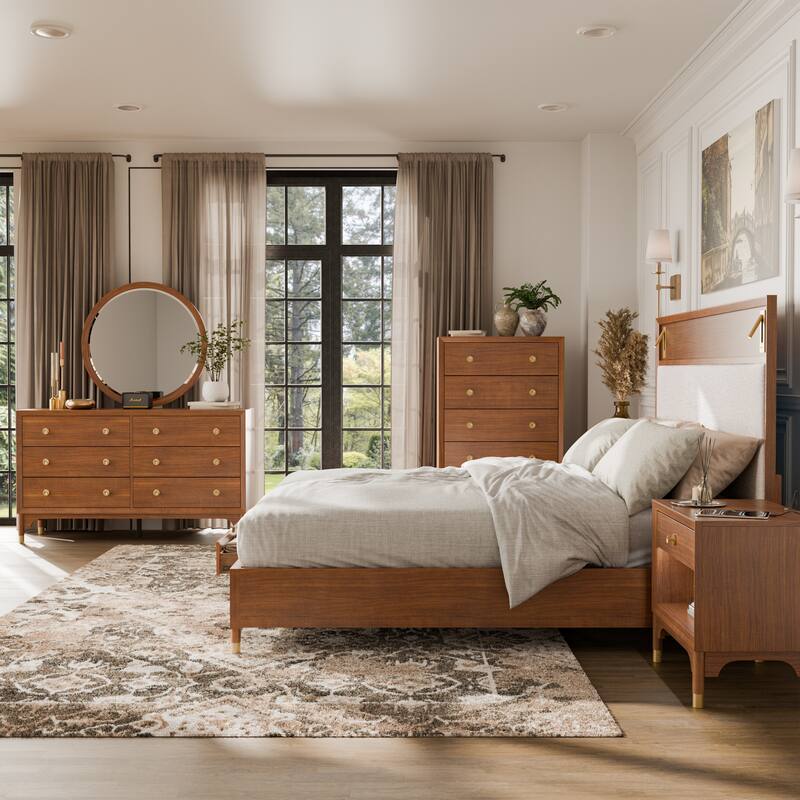 Furniture of America Forma Mid-Century Modern 6-Piece Walnut Solid Wood Storage Platform Bedroom Set - Queen