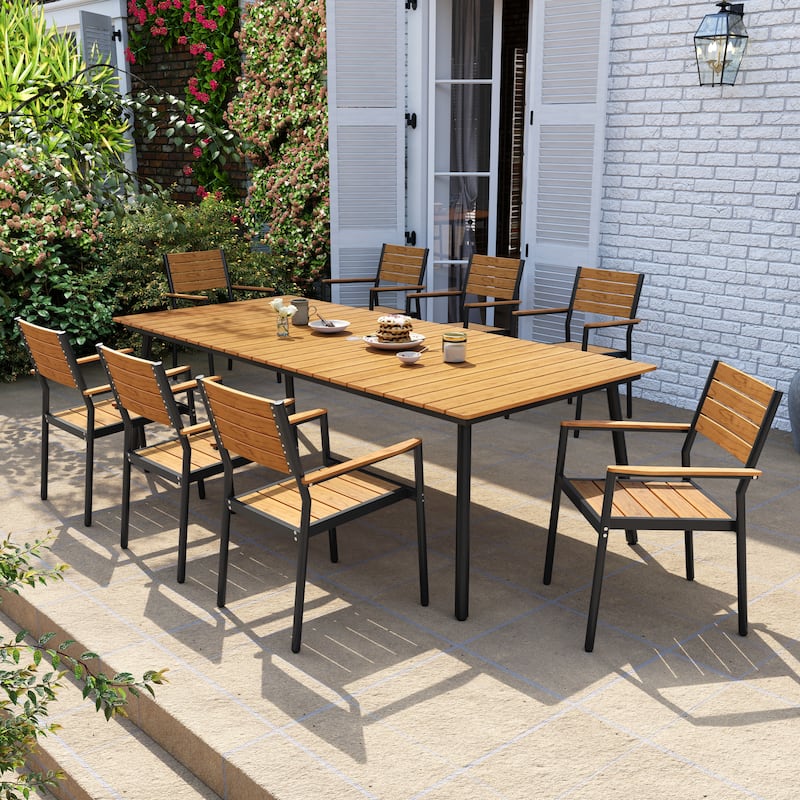 Outdoor Aluminum Rectangle 9-piece Patio Dining Set with Umbrella Hole and Chairs - Brown