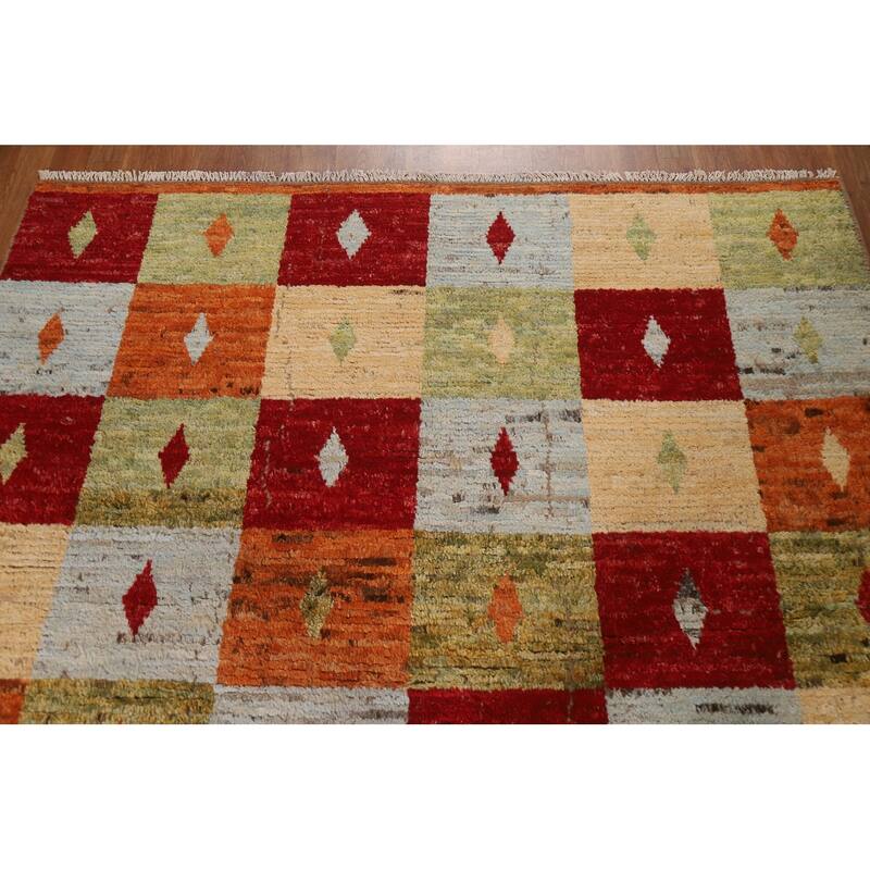 Hand Knotted Oriental 100% Wool Carpet Modern Geometric Multi-Colored Moroccan Area Rug - 8' 11'' X 6' 0''