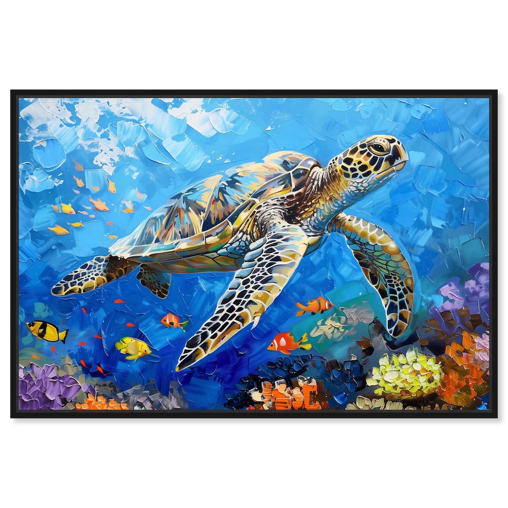 Art Remedy Turtle Swimming Framed Colorful Coastal 1 Piece Canvas Wall Art