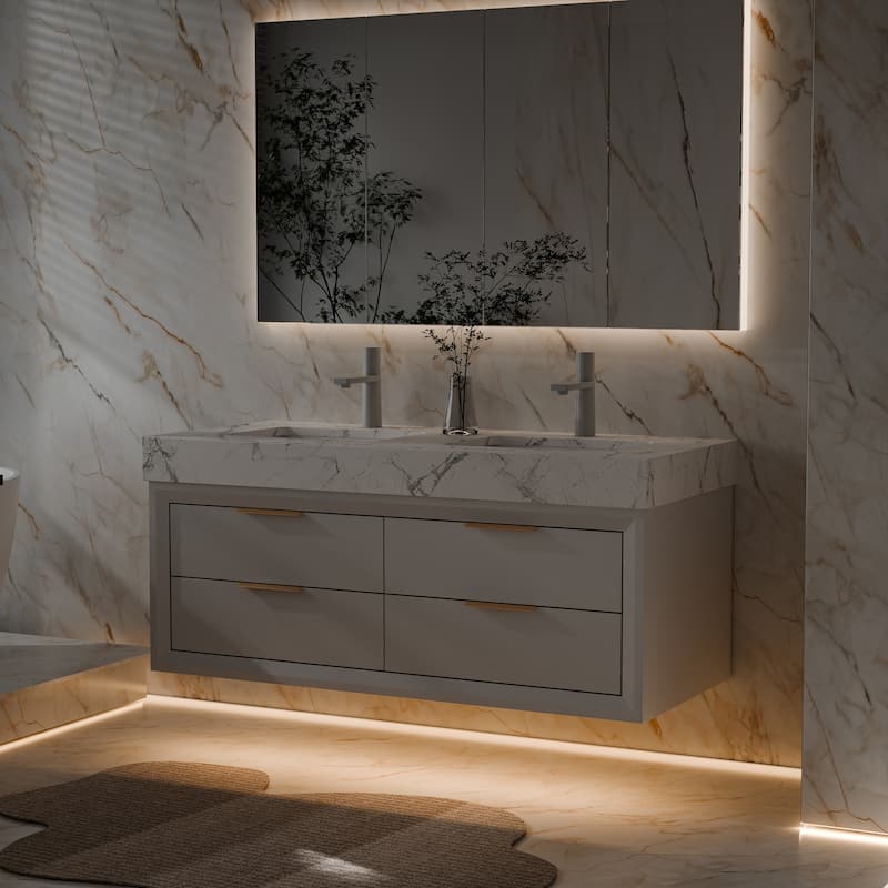 Modland 48" Wall-Mount Double Vanity with LED Light & 6 Drawers - Solid Oak, White / Green - 48 inch