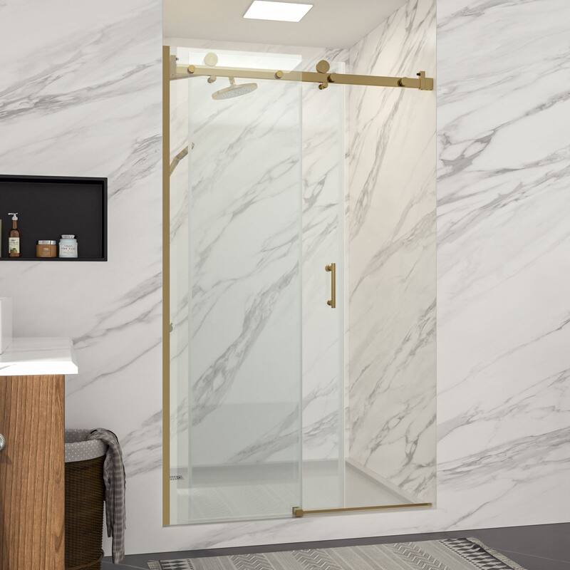 Lordear 48" x 76" Glass Shower Door Aluminum Semi-Frameless Adjustable Golden Shower Enclosure - 48 in.W x 76 in H