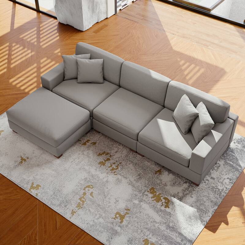 Modular Corduroy Sectional Sofa Set Chaise Couch with Ottoman