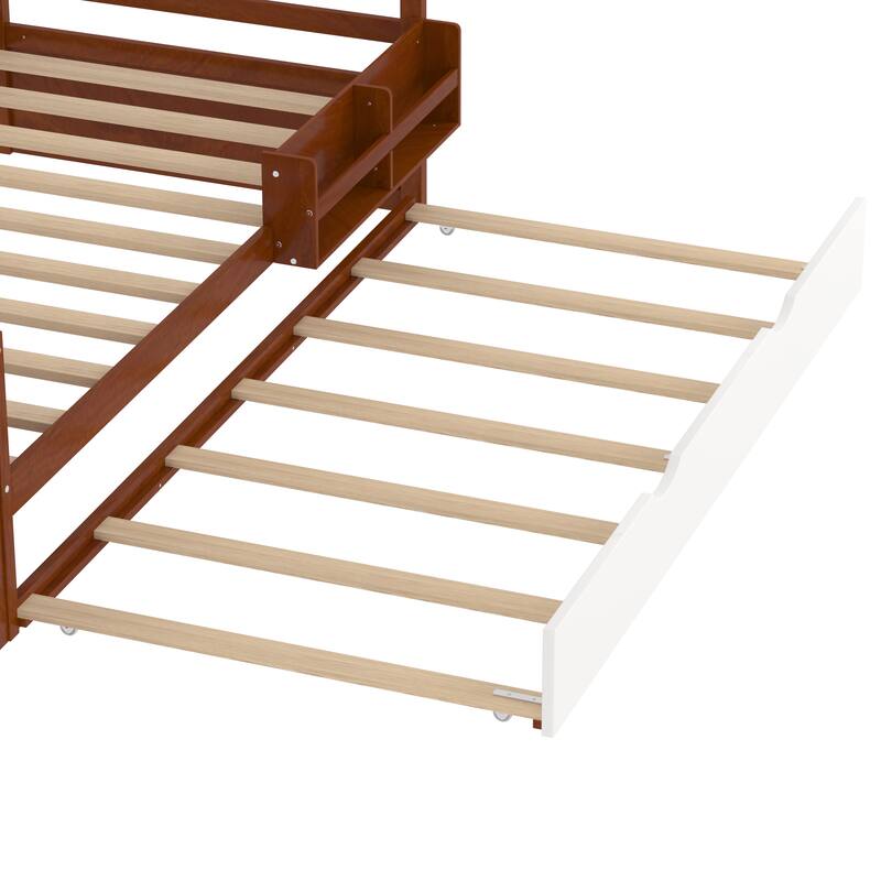 Multifunctional Twin Wood Platform Bed with Bookshelf, Wardrobe, and Trundle, Walnut Finish