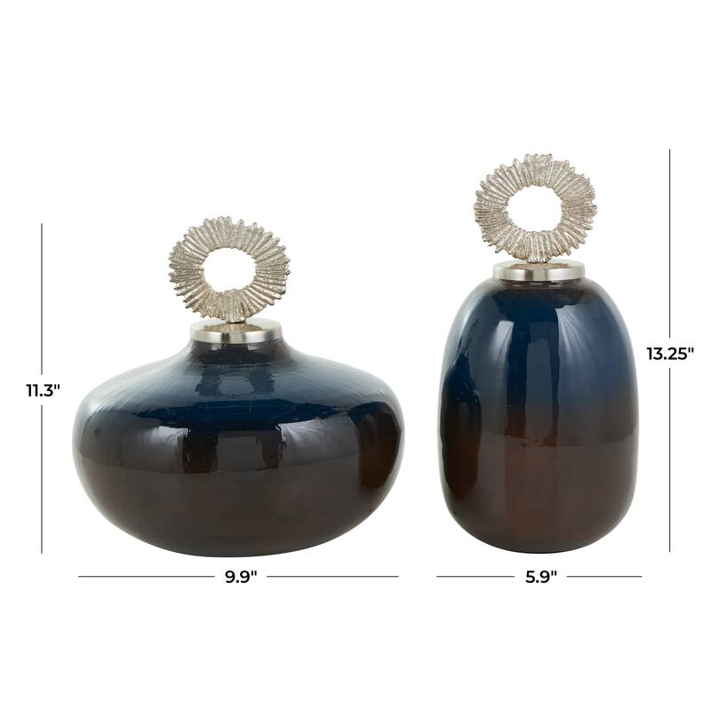 White or Blue Metal Decorative Jars with Ring Handles (Set of 2)