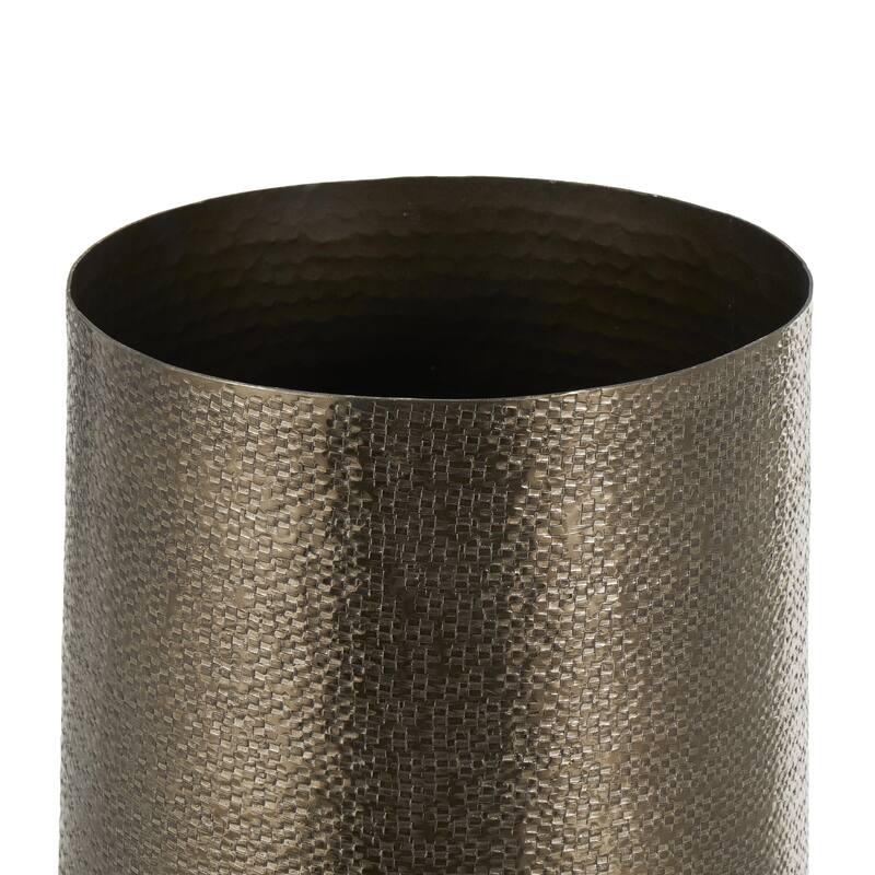 Brass Aluminum Metal Textured Wide Floor Geometric Decorative Vase with Elevated Base