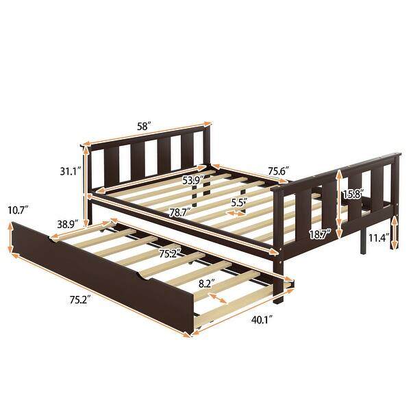 Full Size Classic Modern Design Solid Wood Platform Bed with Pull Out Trundle and Headboard and Footboard