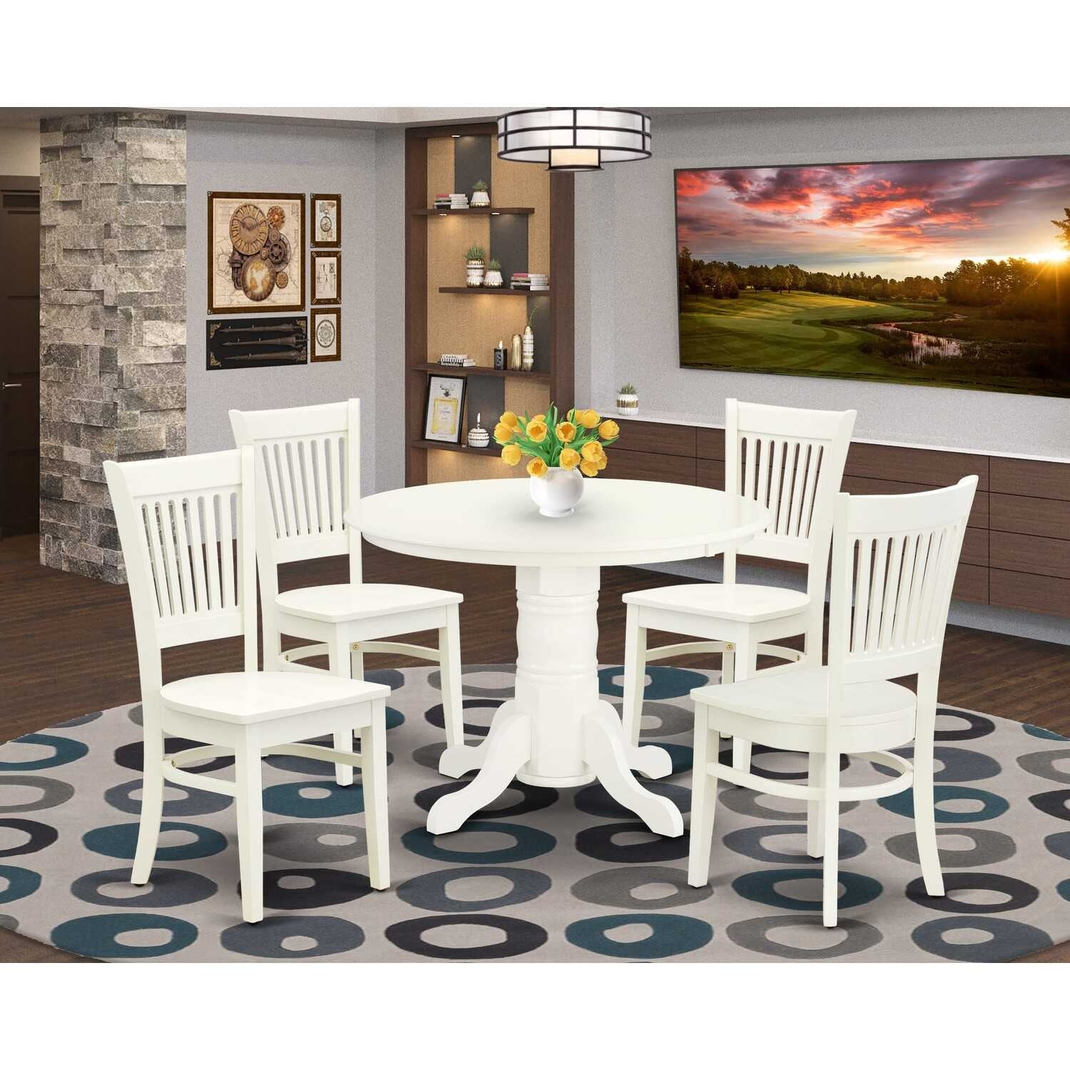 HomeStock 5-Piece Linen White Finish Solid Wood Top Dining table with 4 Chairs with Slat Back