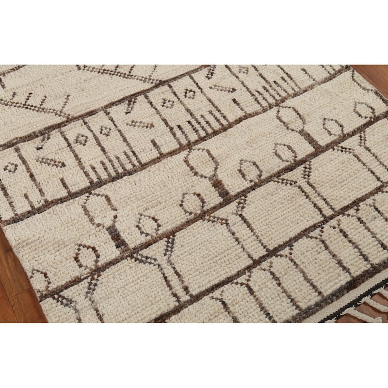 Geometric Ivory Moroccan Oriental Runner Rug Hand-Knotted Wool Carpet - 3'10"x 12'7"