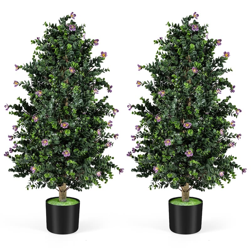 Gymax 2 Pack 36'' Artificial Topiary Cone Tree w/49 Flowers - 2PCS Green, Purple & Black