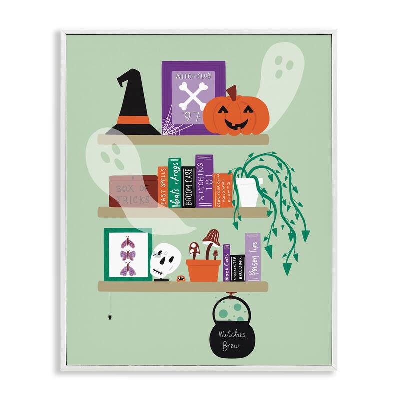 Stupell Witchy Halloween Bookshelf Framed Giclee Art Design By Sazerelli Designs - 11 x 14 - White
