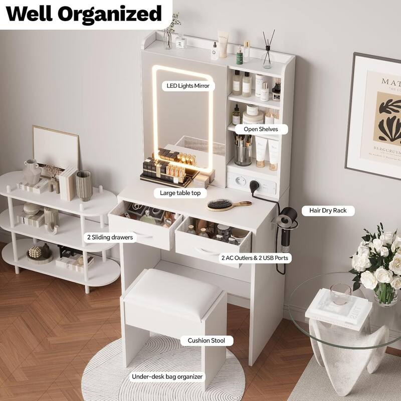 2 Drawer Makeup Vanity Desk Set with Power Outlet, USB Ports, Stool