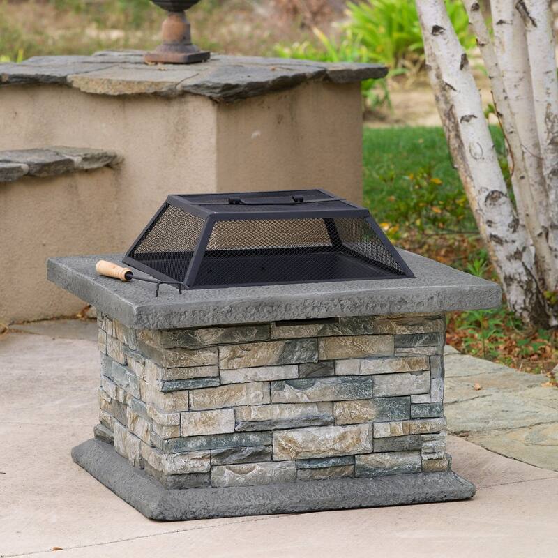 29 in. W x 17.1 in. H Stone Square Wood-Burning Outdoor Fire Pit in Gray