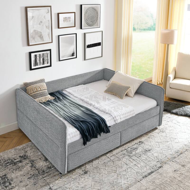 Roomfitters Queen Boucle Daybed with Trundle, Two Storage Drawers and Upholstered Sofa Bed Frame