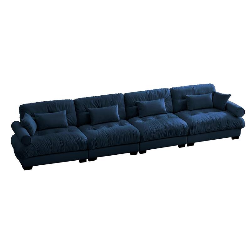 166" Velvet 4-Seater Sofa with Bolster Armrests, High-Resilience Sponge Cushions