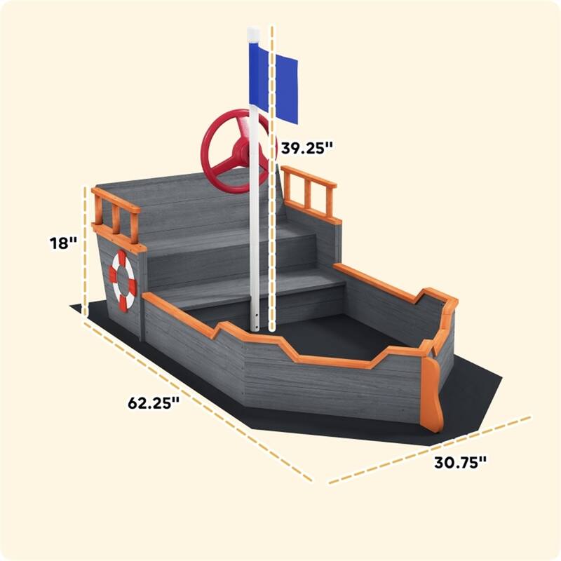 Dark Gray Pirate Ship Sandbox with Storage Bench and Fir Wood Construction for Kids Ages 3 to 6 Years