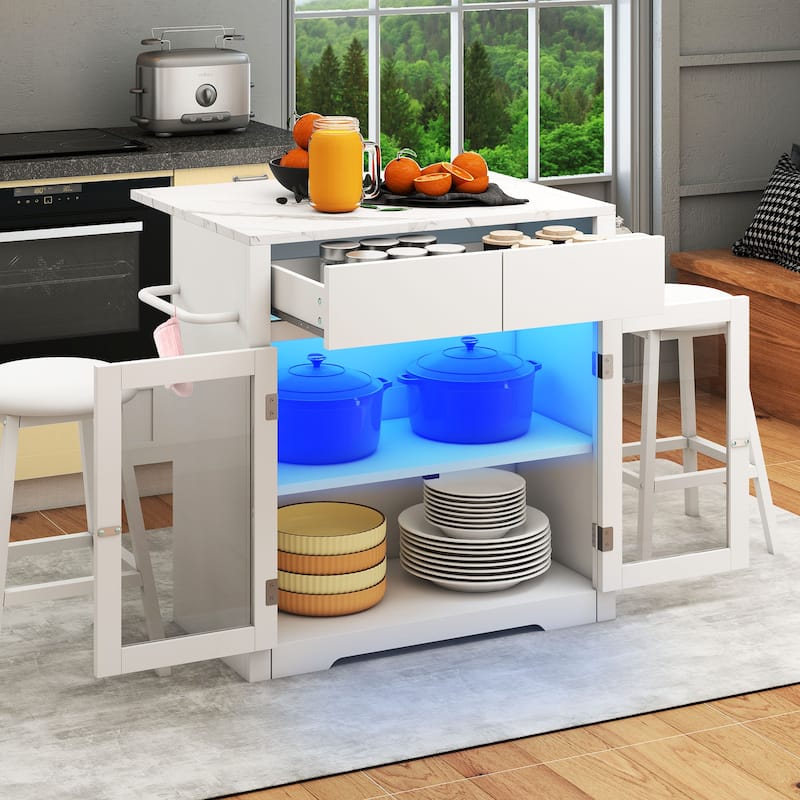 Moasis Rolling Kitchen island with Seating and LED Lights,Mobile Storage Islands with Drop Leaf, Dining Table with Power Outlet