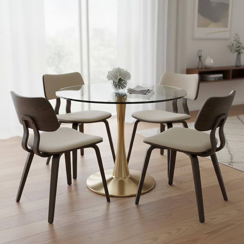 Bristol Modern Contemporary Round Dining Table with Glass Top and Steel Pedestal Base for Kitchen and Dining Room