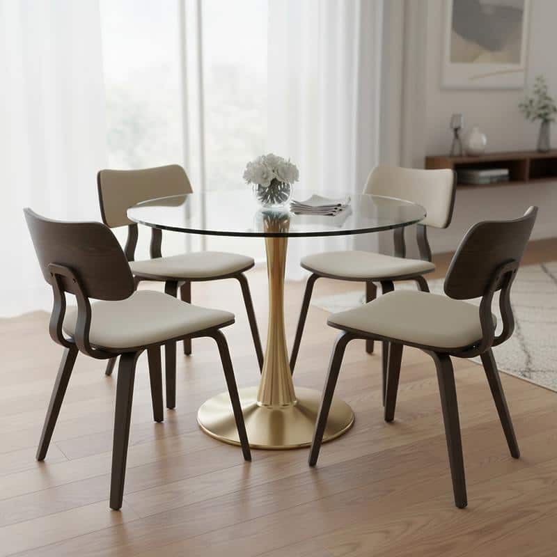 Bristol Modern Contemporary Round Dining Table with Glass Top and Steel Pedestal Base for Kitchen and Dining Room