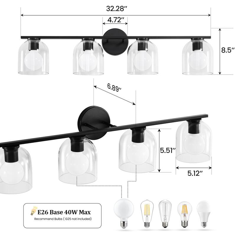 2/3/4-Light Dimmable Bathroom Vanity Light with Glass Shade - Matte Black
