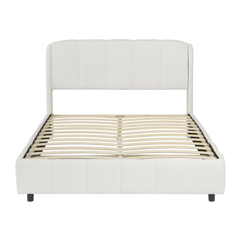 Soft Fluffy Boucle Fabric Upholstered Low Profile Bed Curveshaped Thick Headboard Wingback Bed, Queen Beige Platform Bed Frame