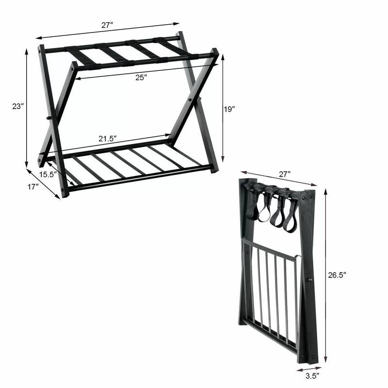 Set of 2 Folding Black Metal Luggage Racks with Bottom Shelf for Bedroom or Hotel Use - 27”L x 17''W x 23”H