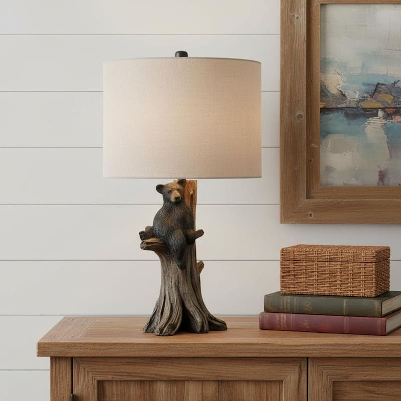 HomeRoots 25" Black Blear in a Tree Table Lamp With Beige Shade - 14