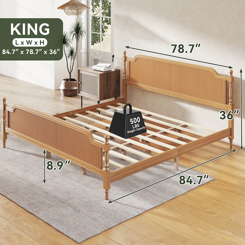 Rattan King Size Platform Bed Frame - Handwoven Rattan Headboard and Footboard, Solid Pine Wood, No Box Spring Needed , Walnut